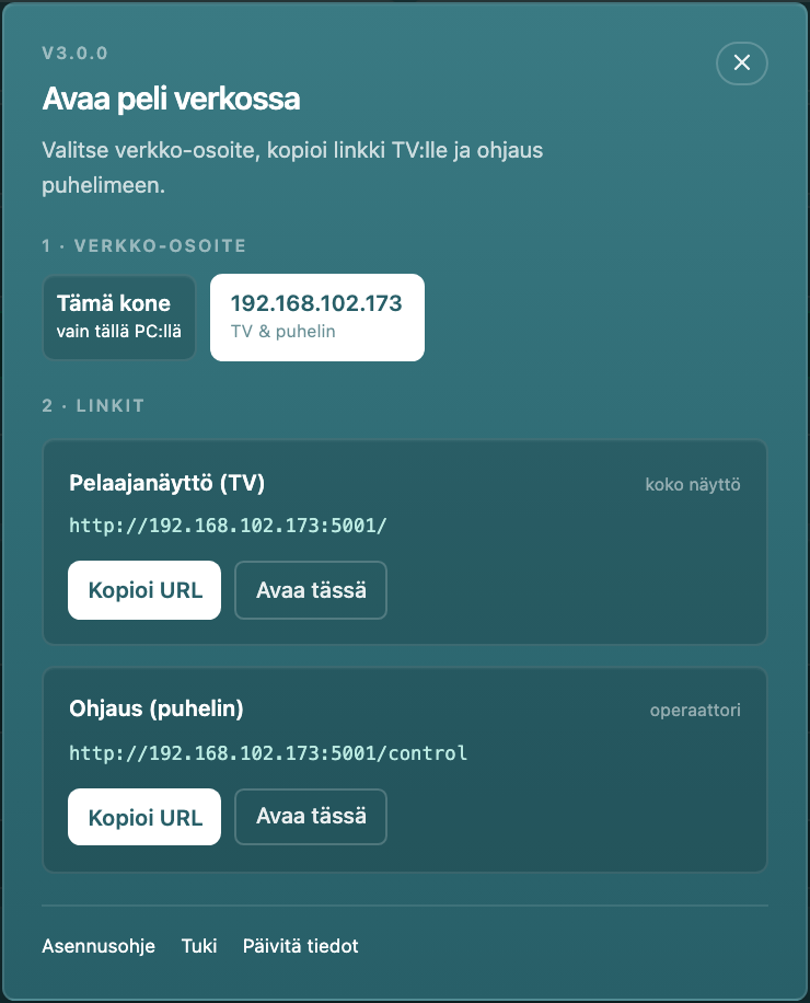 Linkit-näkymä: kopioi valmiit osoitteet TV:lle ja puhelimelle