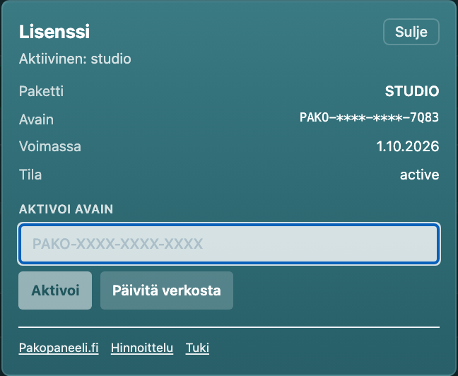 Lisenssin aktivointi ohjauspaneelissa
